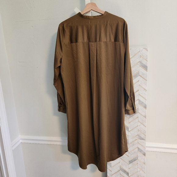 Eileen Fisher Large Gold Leaf Recycled Satin Long Shirt Dress Mandarin Collar - Picture 5 of 10